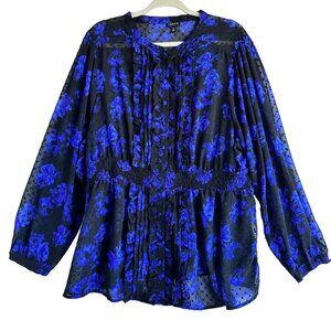 Torrid Womens Blouse Plus Size 3 Blue Black Sheer Floral Dark Romantic Ruffles